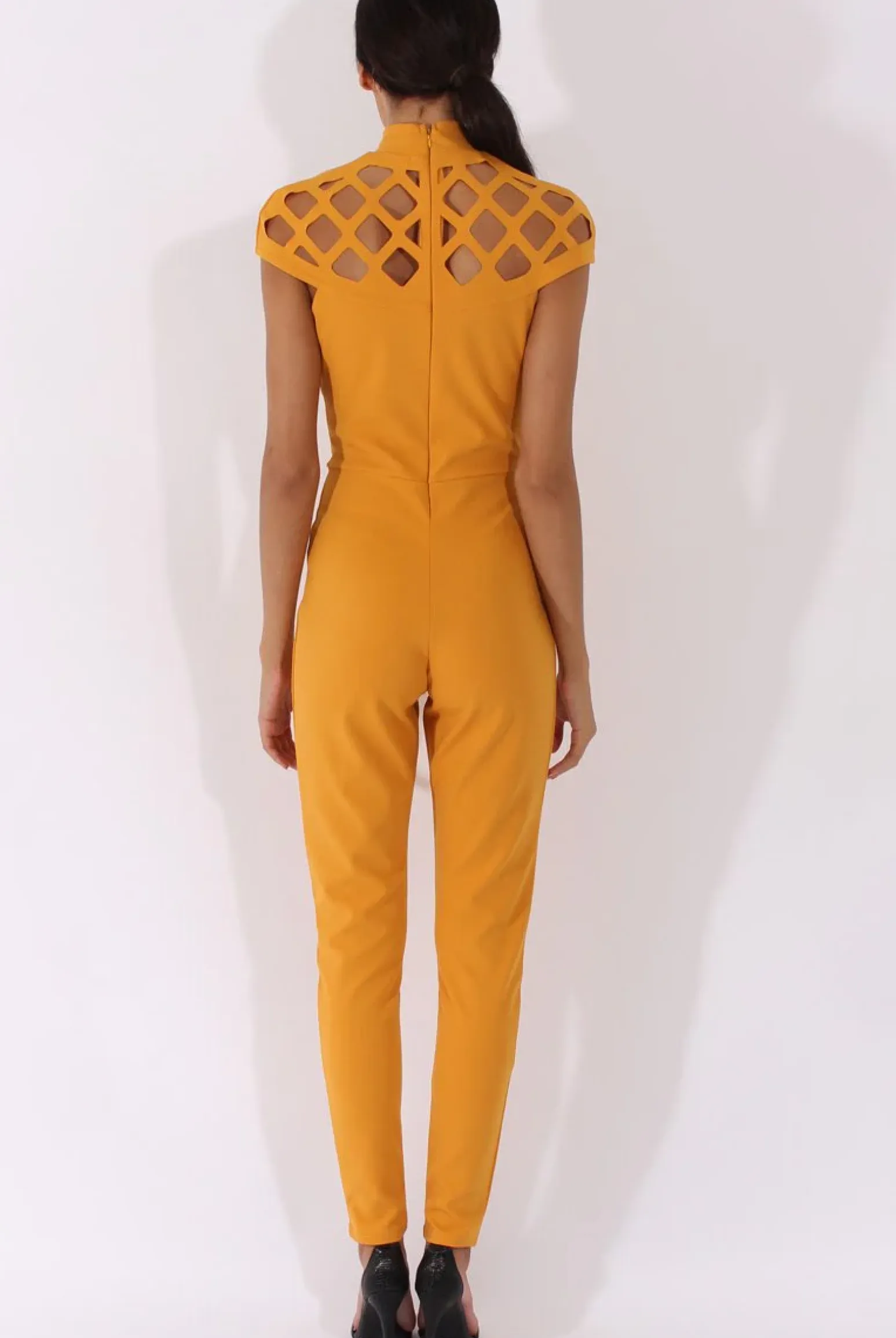 Rebellious Fashion Yellow Cage Detail Jumpsuit - Aurelia