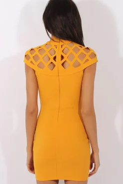 Rebellious Fashion Yellow Cage High Neck Bodycon Dress- Kade