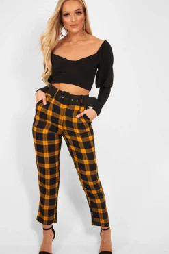 Rebellious Fashion Yellow Check Belted Tapered Trousers - Reanne