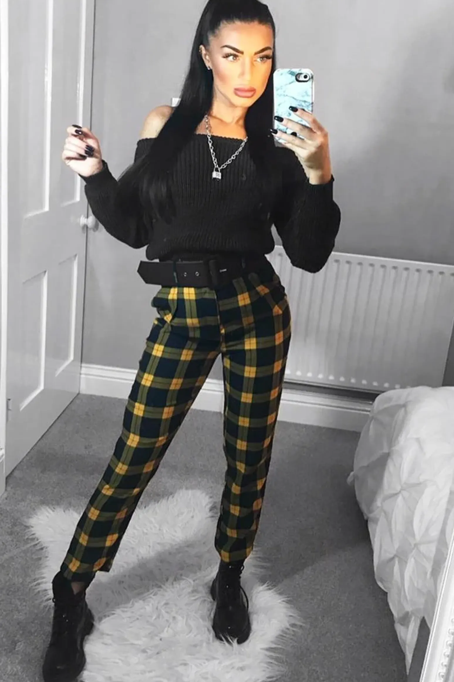 Rebellious Fashion Yellow Check Belted Tapered Trousers - Reanne