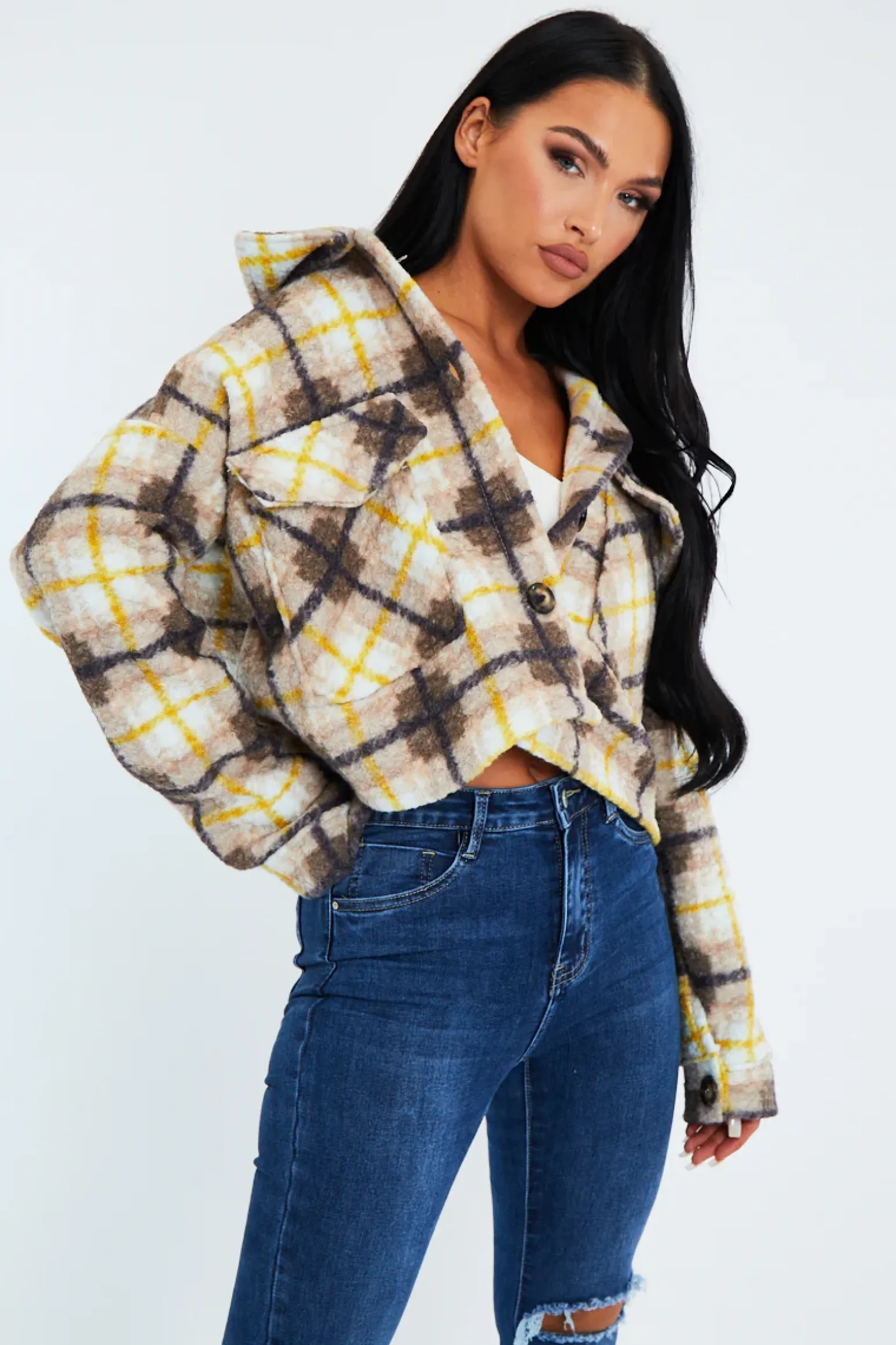 Rebellious Fashion Yellow Checked Cropped Pocket Front Shacket - Ebonni