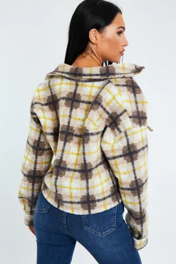 Rebellious Fashion Yellow Checked Cropped Pocket Front Shacket - Ebonni