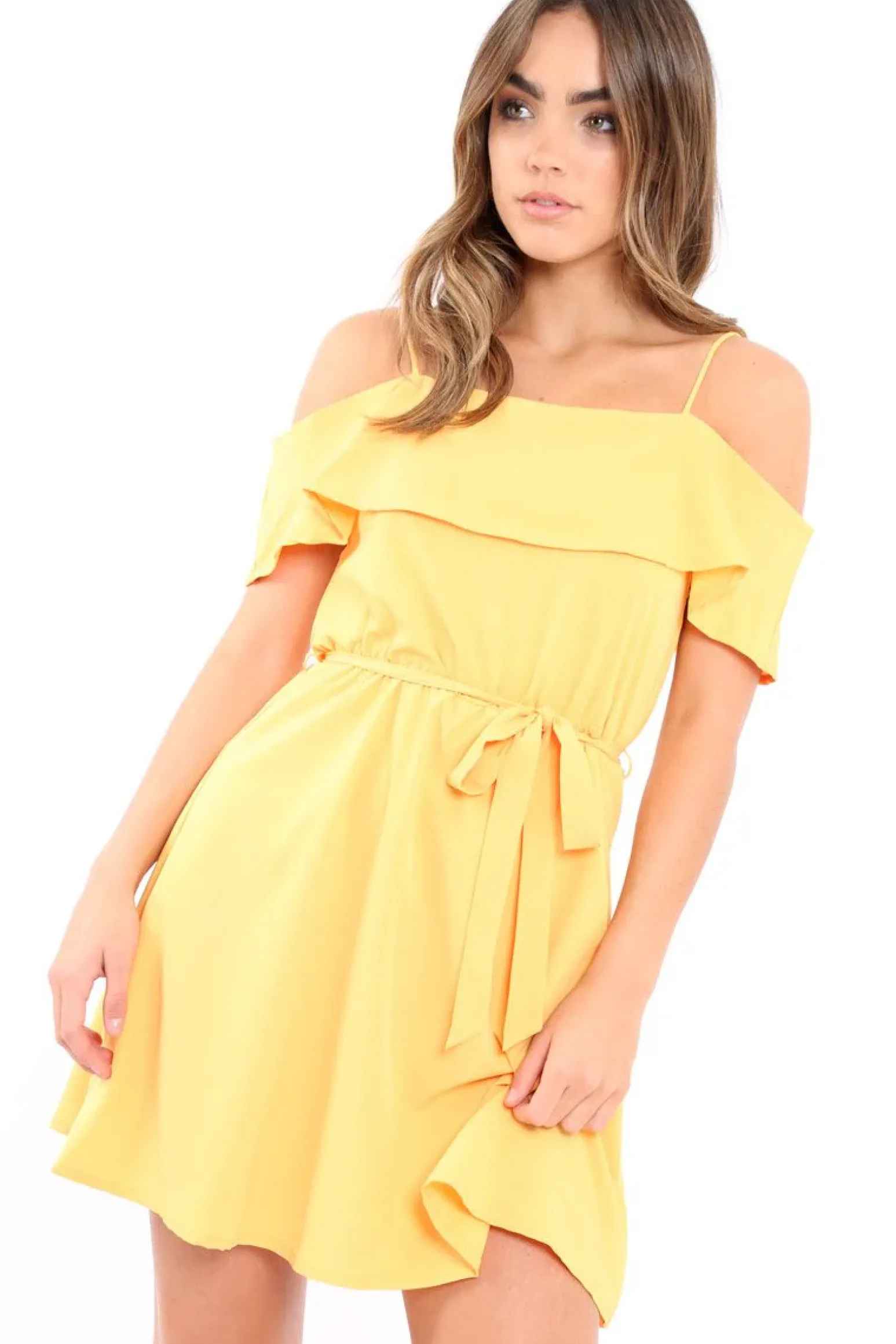 Rebellious Fashion Yellow Cold Shoulder Frill Tie Waist Dress - Selah