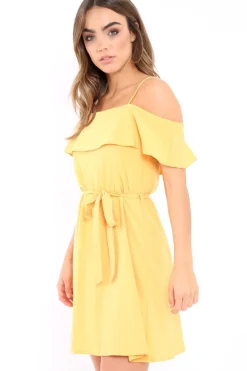 Rebellious Fashion Yellow Cold Shoulder Frill Tie Waist Dress - Selah