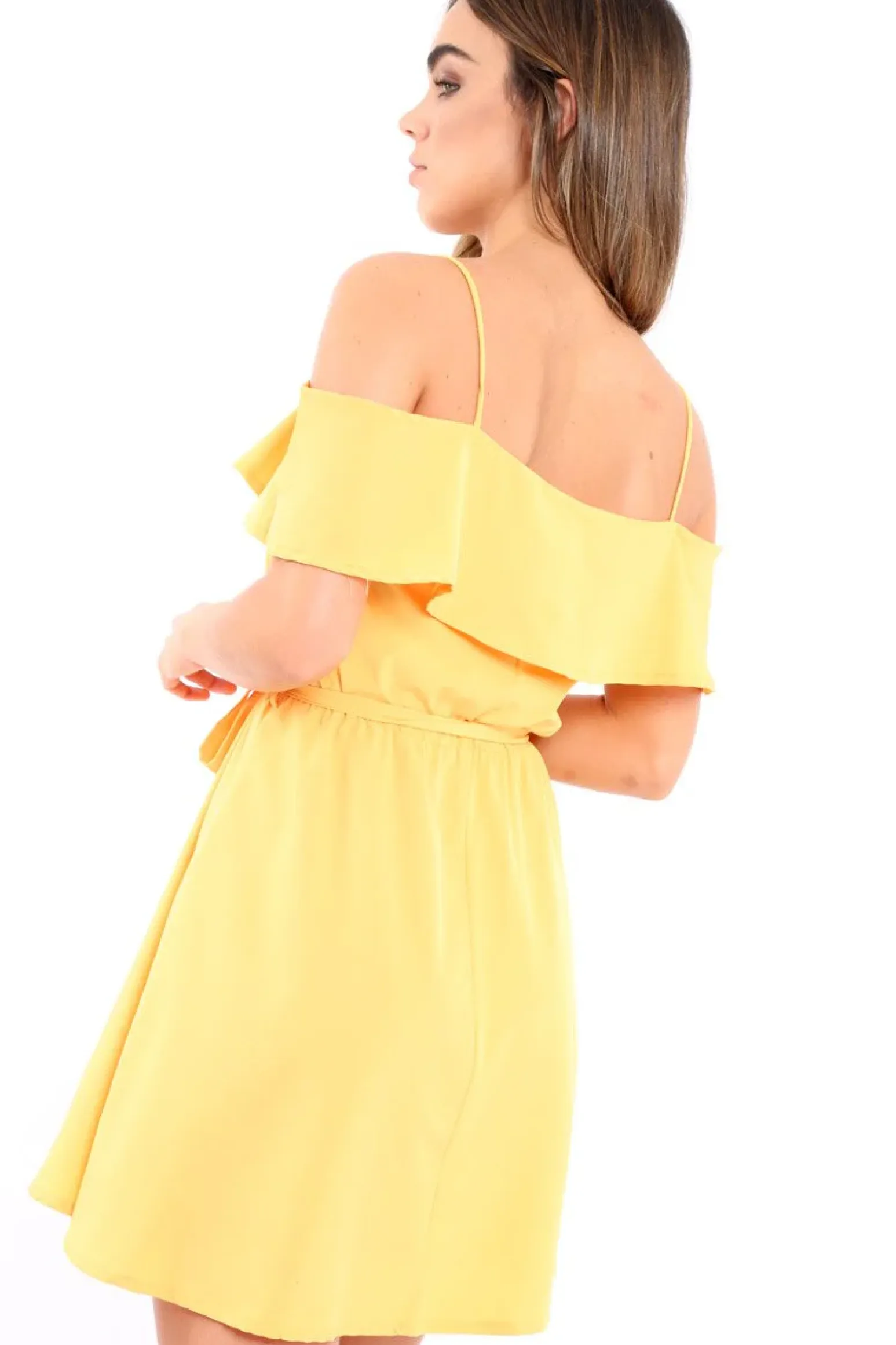 Rebellious Fashion Yellow Cold Shoulder Frill Tie Waist Dress - Selah