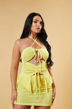 Rebellious Fashion Yellow Cut Out Front Asymmetric Top & Mini Skirt Co-ord Set - Milana