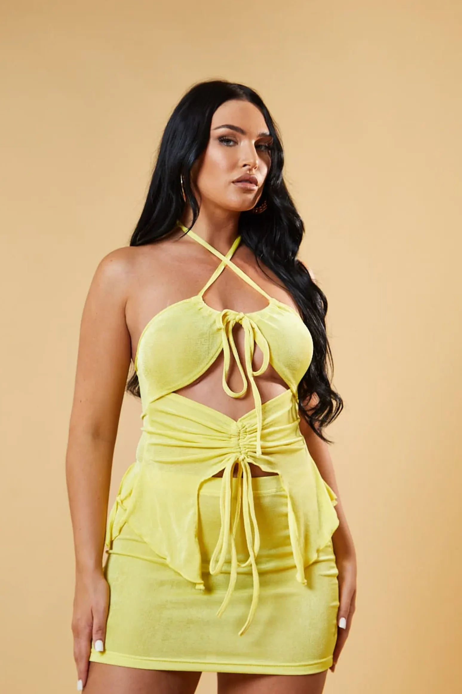 Rebellious Fashion Yellow Cut Out Front Asymmetric Top & Mini Skirt Co-ord Set - Milana