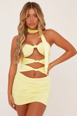 Rebellious Fashion Yellow Cut Out Knot Detail Bodysuit & Mini Skirt Co-ord - Aubree