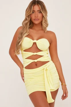 Rebellious Fashion Yellow Cut Out Knot Detail Bodysuit & Mini Skirt Co-ord - Aubree