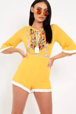 Rebellious Fashion Yellow Embroided Frill Hem Playsuit - Novia