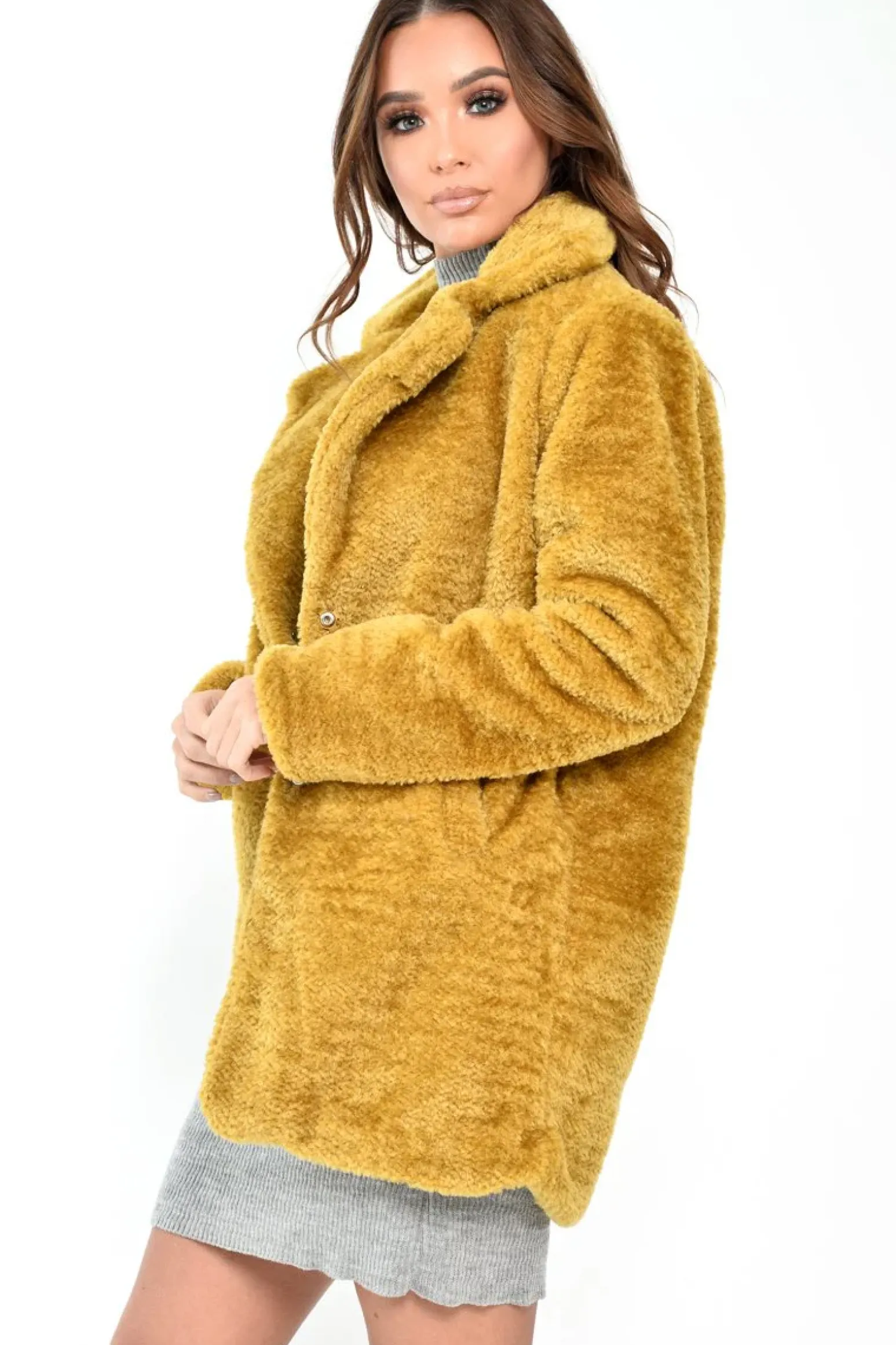 Rebellious Fashion Yellow Faux Fur Popper Button Coat - Clarisa