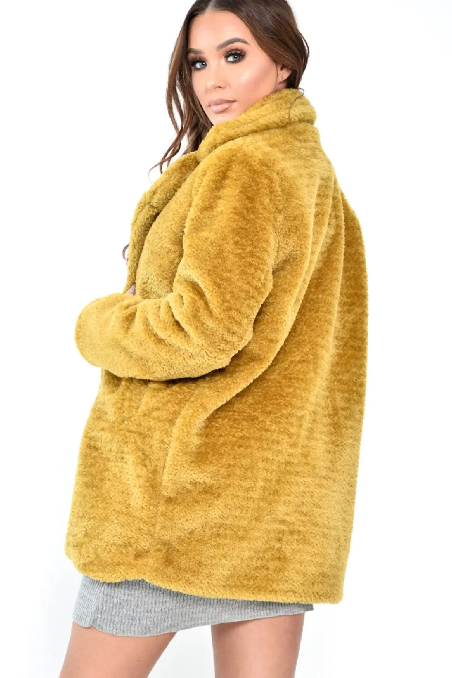 Rebellious Fashion Yellow Faux Fur Popper Button Coat - Clarisa