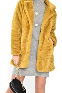 Rebellious Fashion Yellow Faux Fur Popper Button Coat - Clarisa