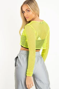 Rebellious Fashion Yellow Fish Net Long Sleeved Crop Top - Ivory