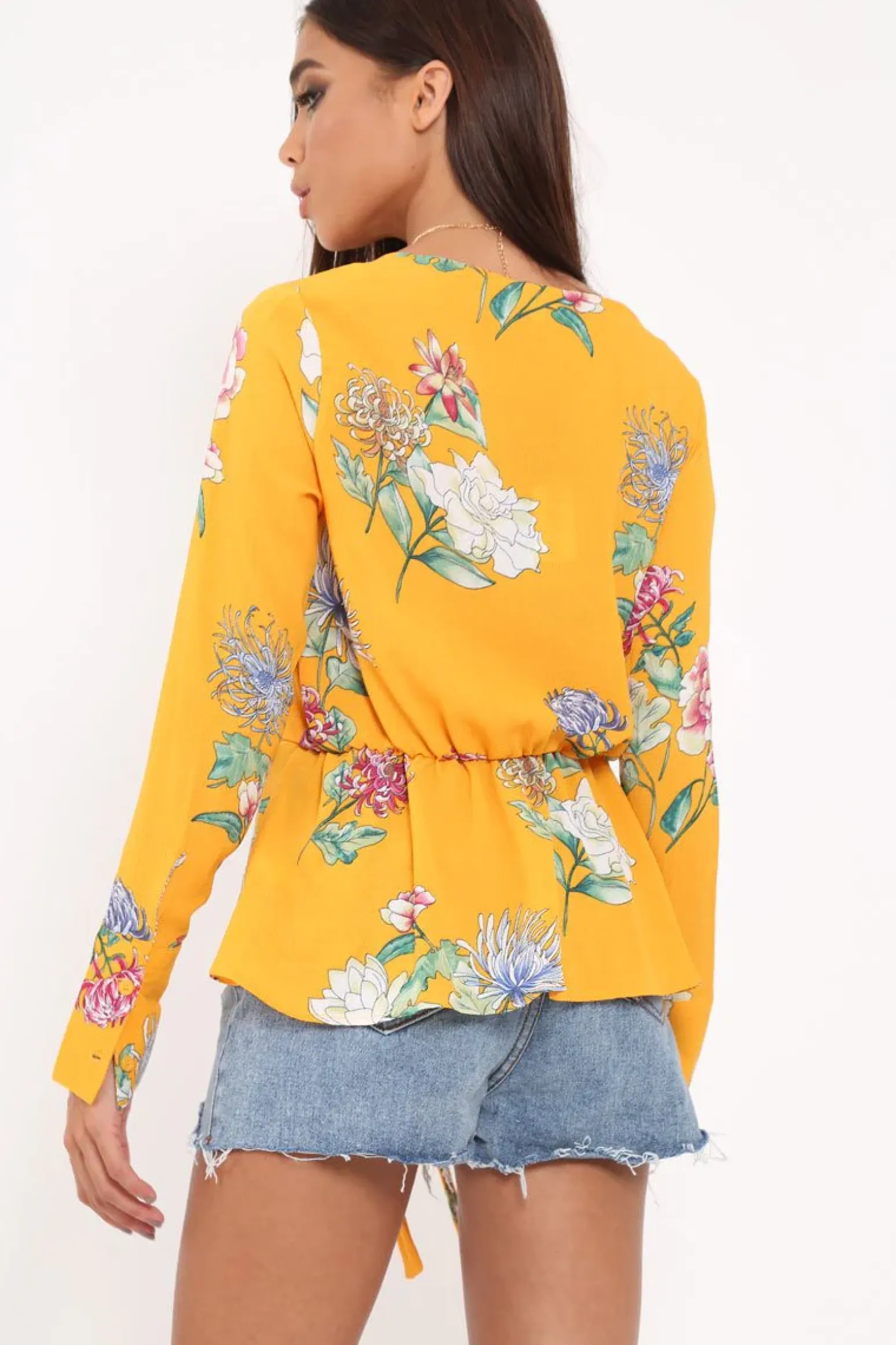 Rebellious Fashion Yellow Floral Plunge Tie Front Shirt - Halina