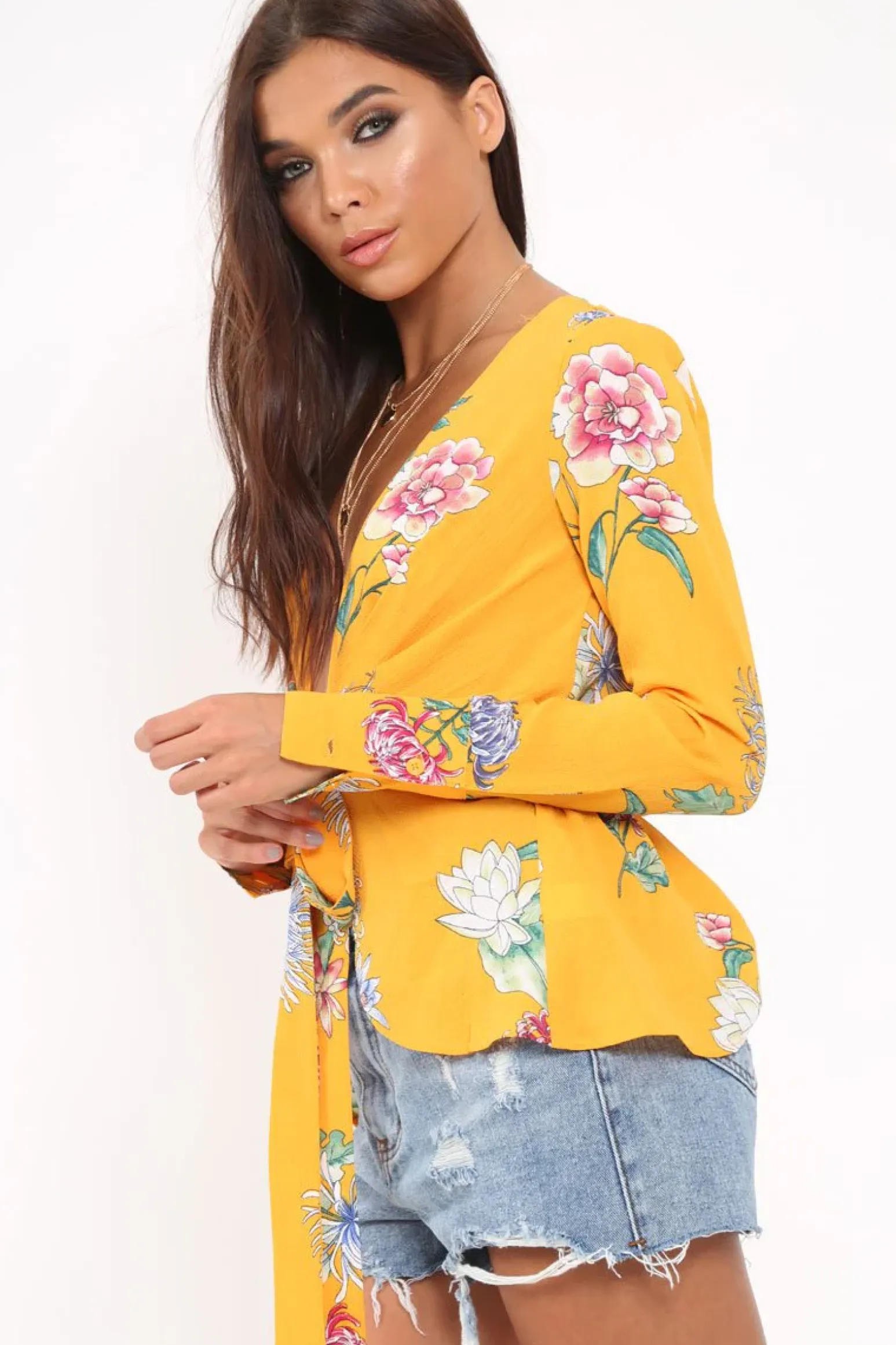 Rebellious Fashion Yellow Floral Plunge Tie Front Shirt - Halina