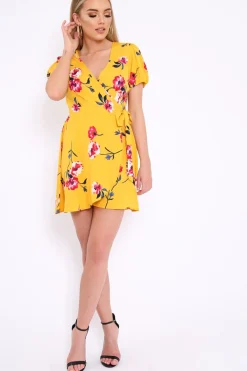 Rebellious Fashion Yellow Floral Wrap Dress with Puff Sleeves - Phenix