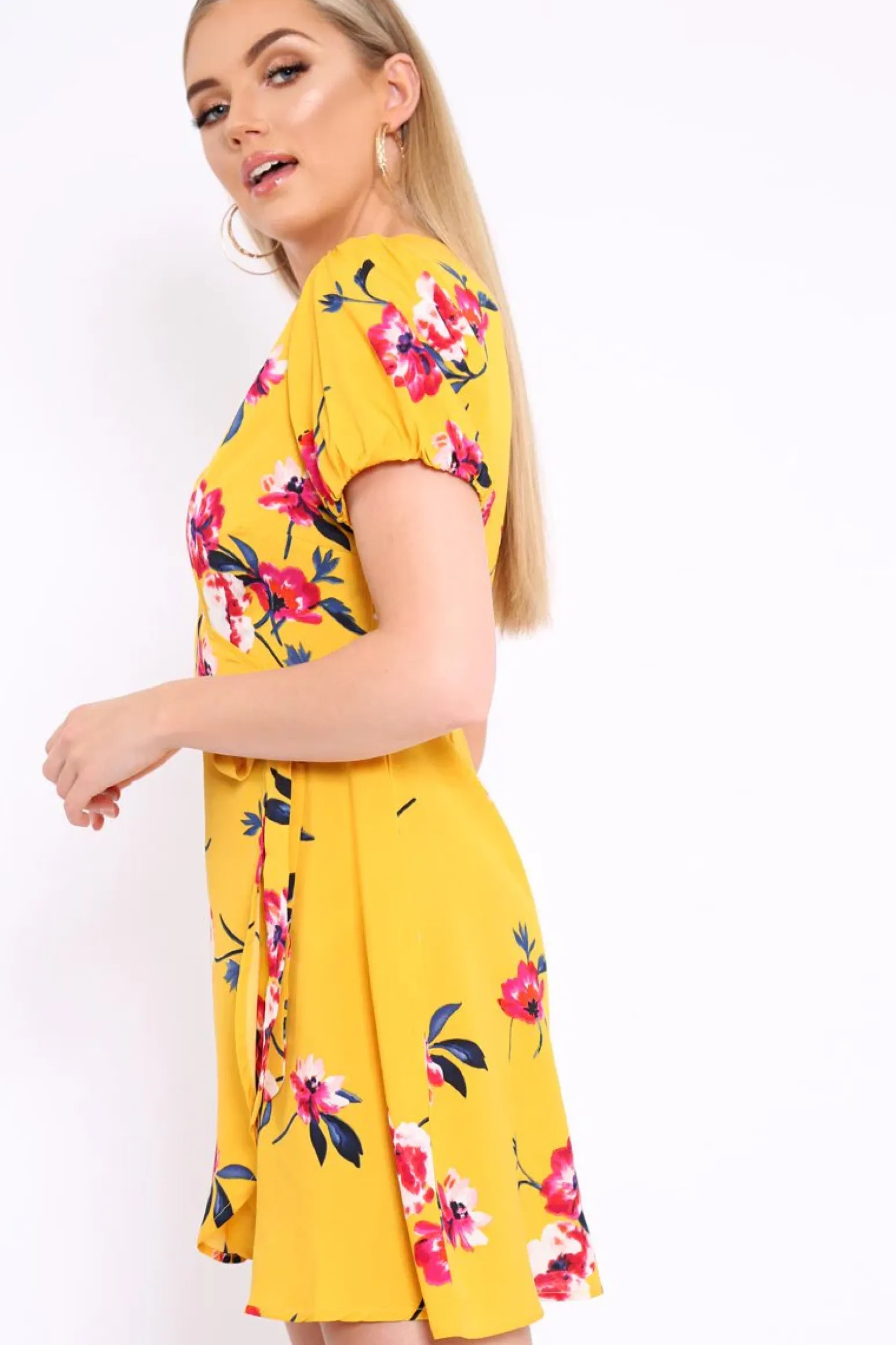 Rebellious Fashion Yellow Floral Wrap Dress with Puff Sleeves - Phenix