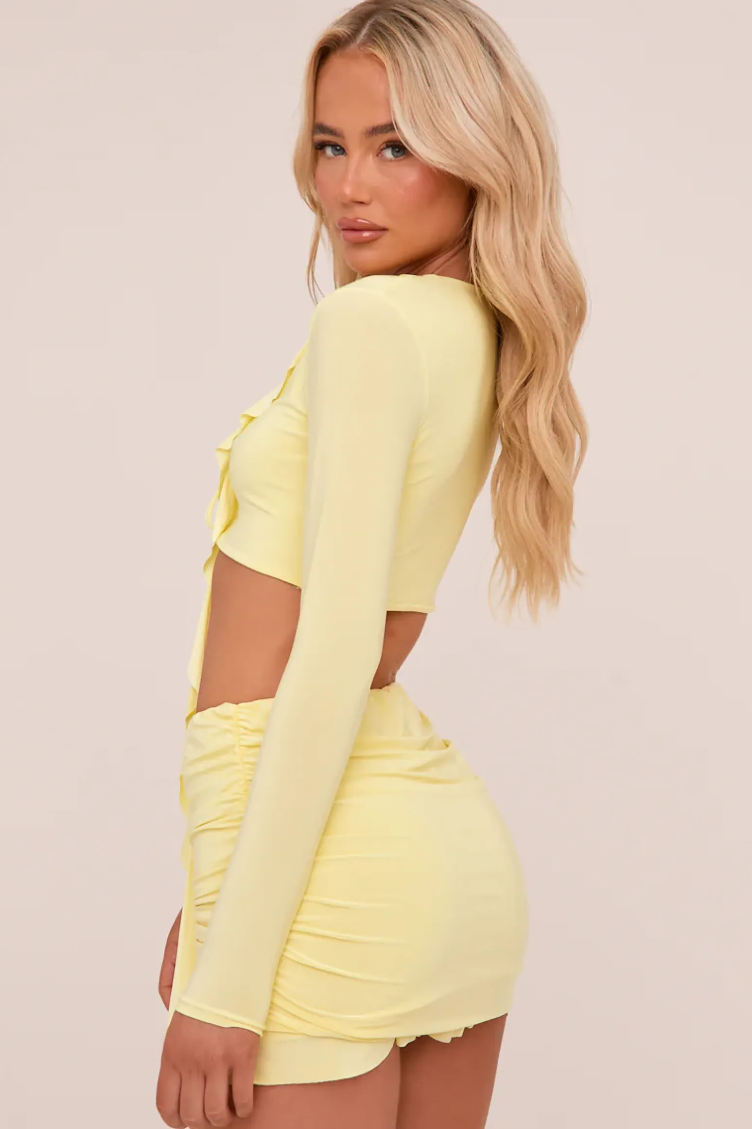Rebellious Fashion Yellow Frill Detail Cropped Top & Mini Skirt Co-ord Set - Destiny