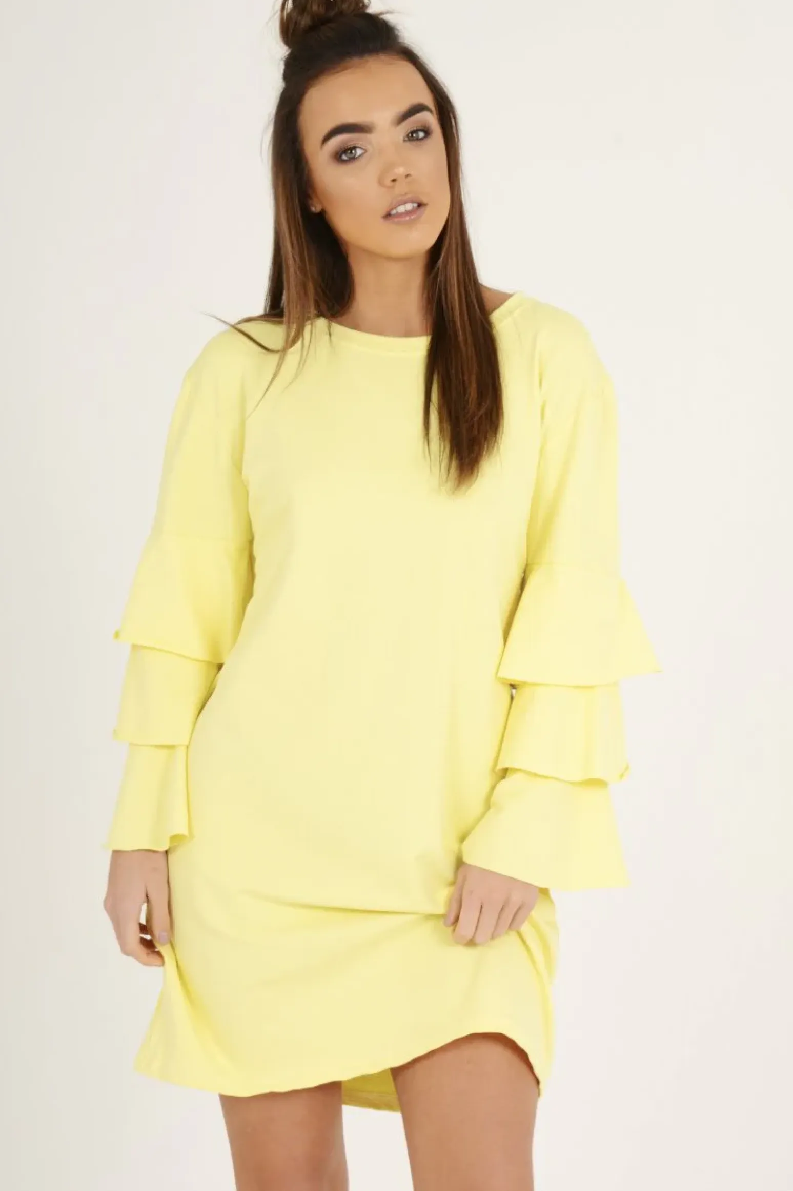 Rebellious Fashion Yellow Frilled Sleeve Swing Dress - Aaria