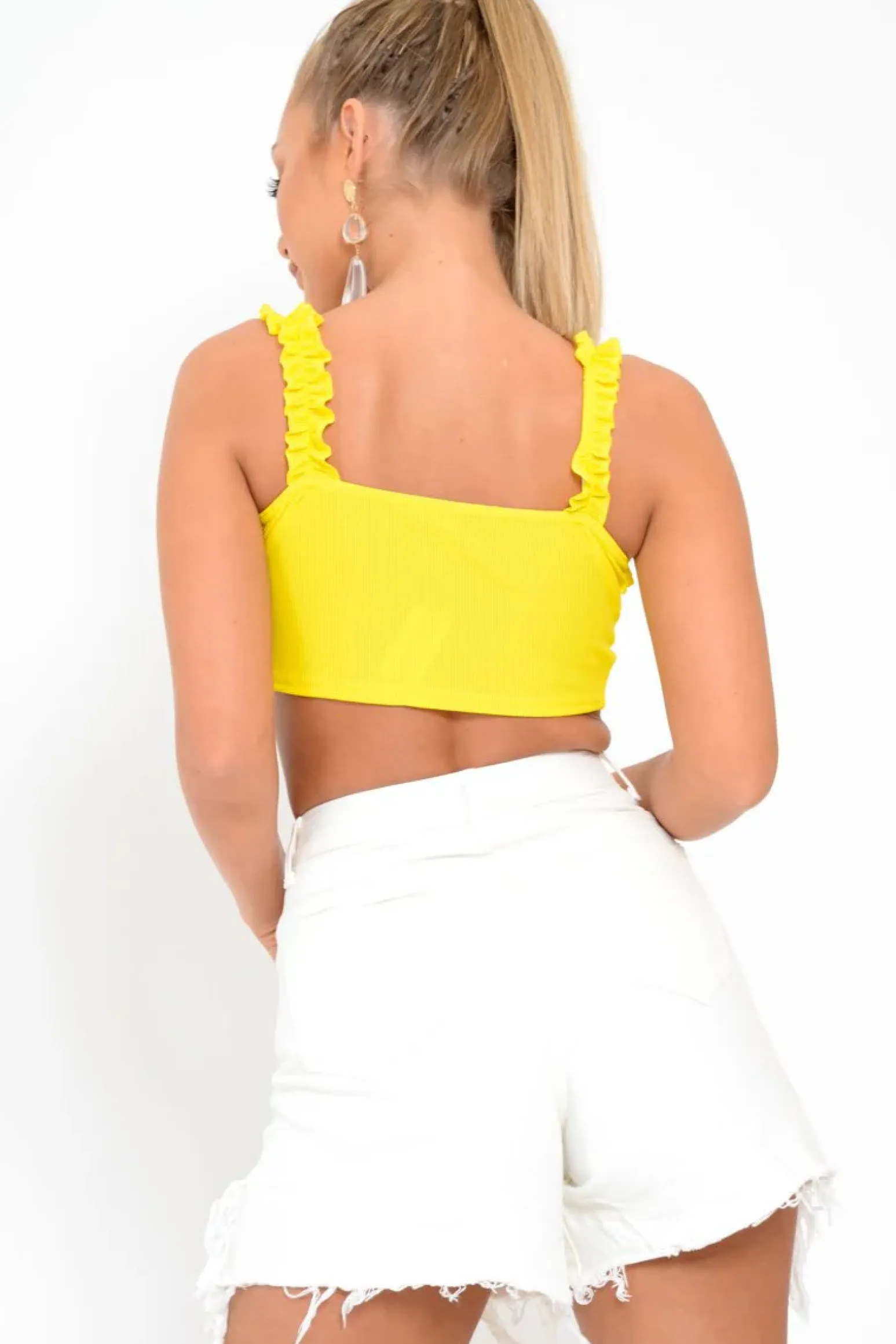 Rebellious Fashion Yellow Frill Tie Front Crop Top - Adali