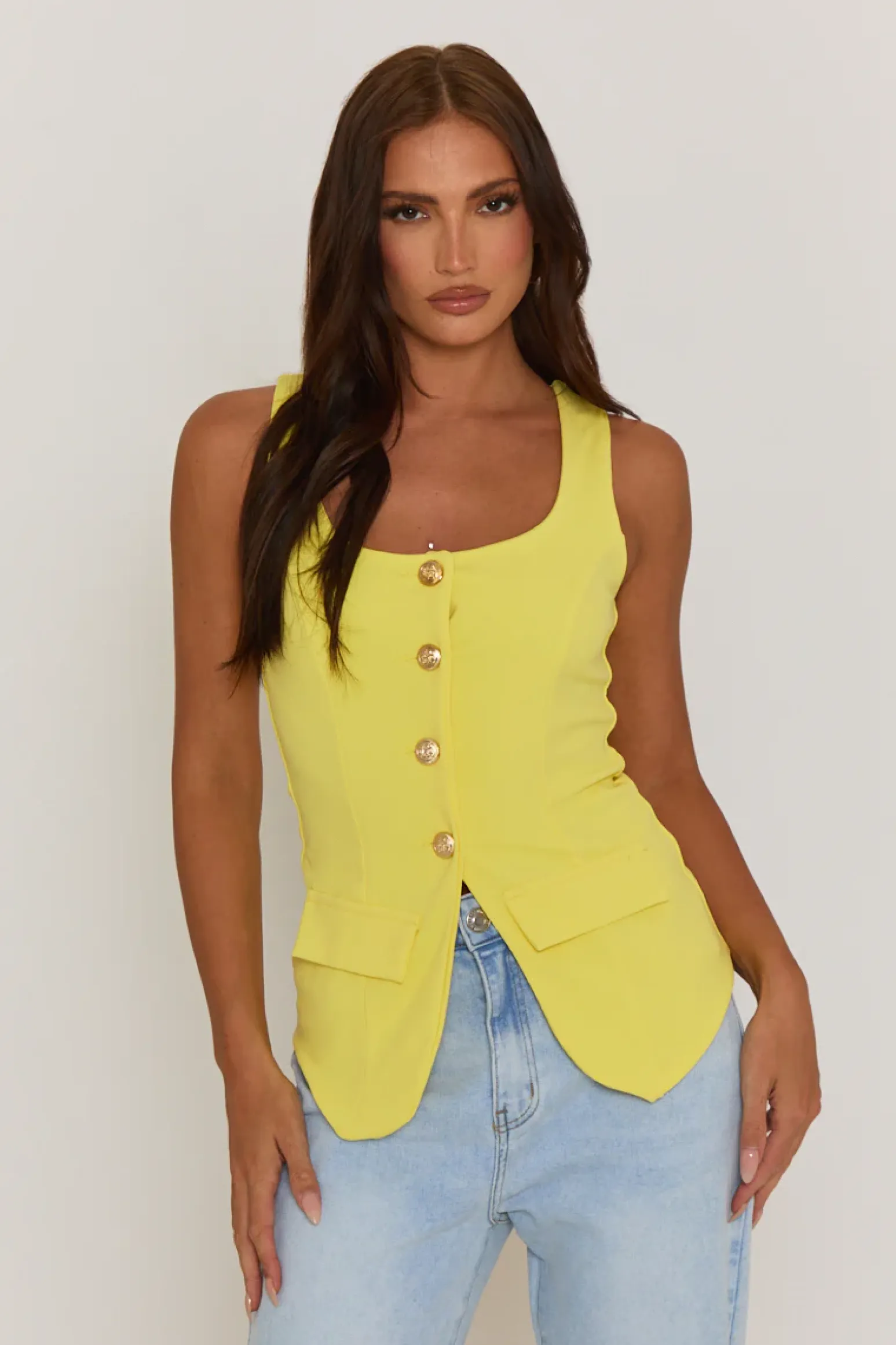 Rebellious Fashion Yellow Gold Button Detail Longline Waistcoat - Isidora