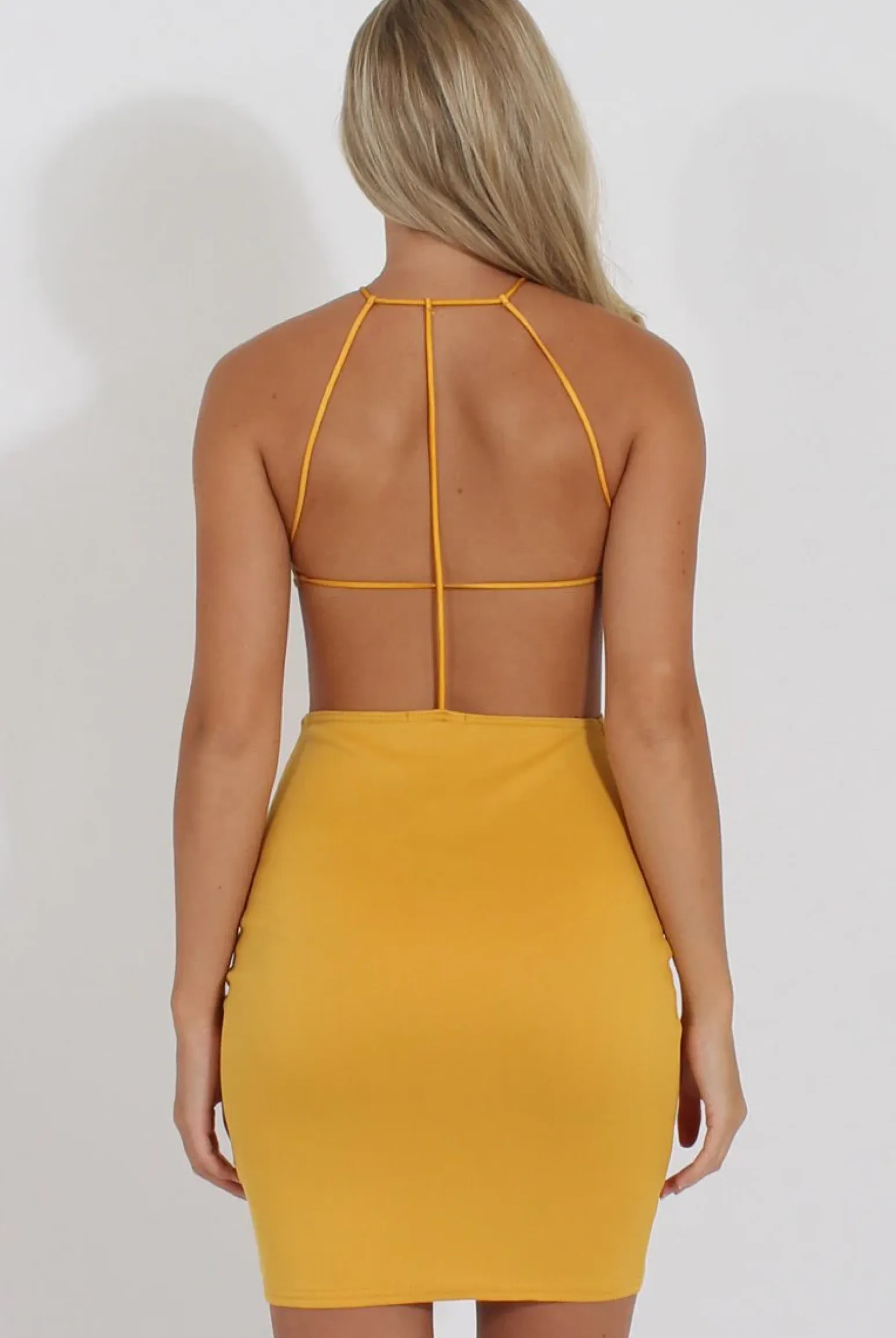 Rebellious Fashion Yellow Halterneck Strappy Mini Dress - Brenda