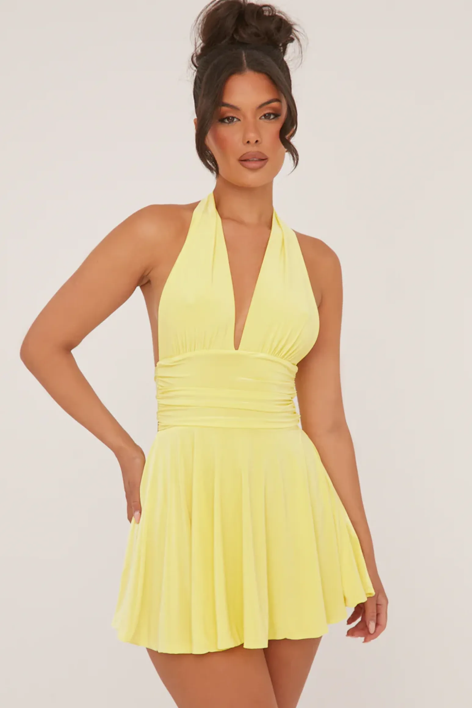 Rebellious Fashion Yellow Halter Plunge Neck Mini Dress - Pippa