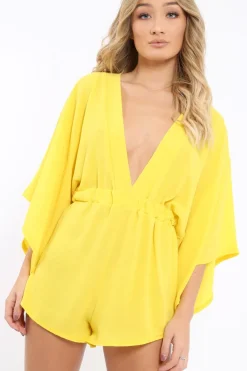 Rebellious Fashion Yellow Kimono Plunge Playsuit - Alisa