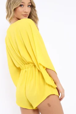 Rebellious Fashion Yellow Kimono Plunge Playsuit - Alisa