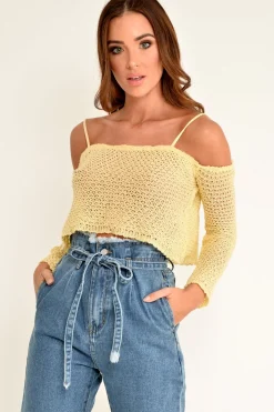 Rebellious Fashion Yellow Knitted Bardot Crop Top - Inari