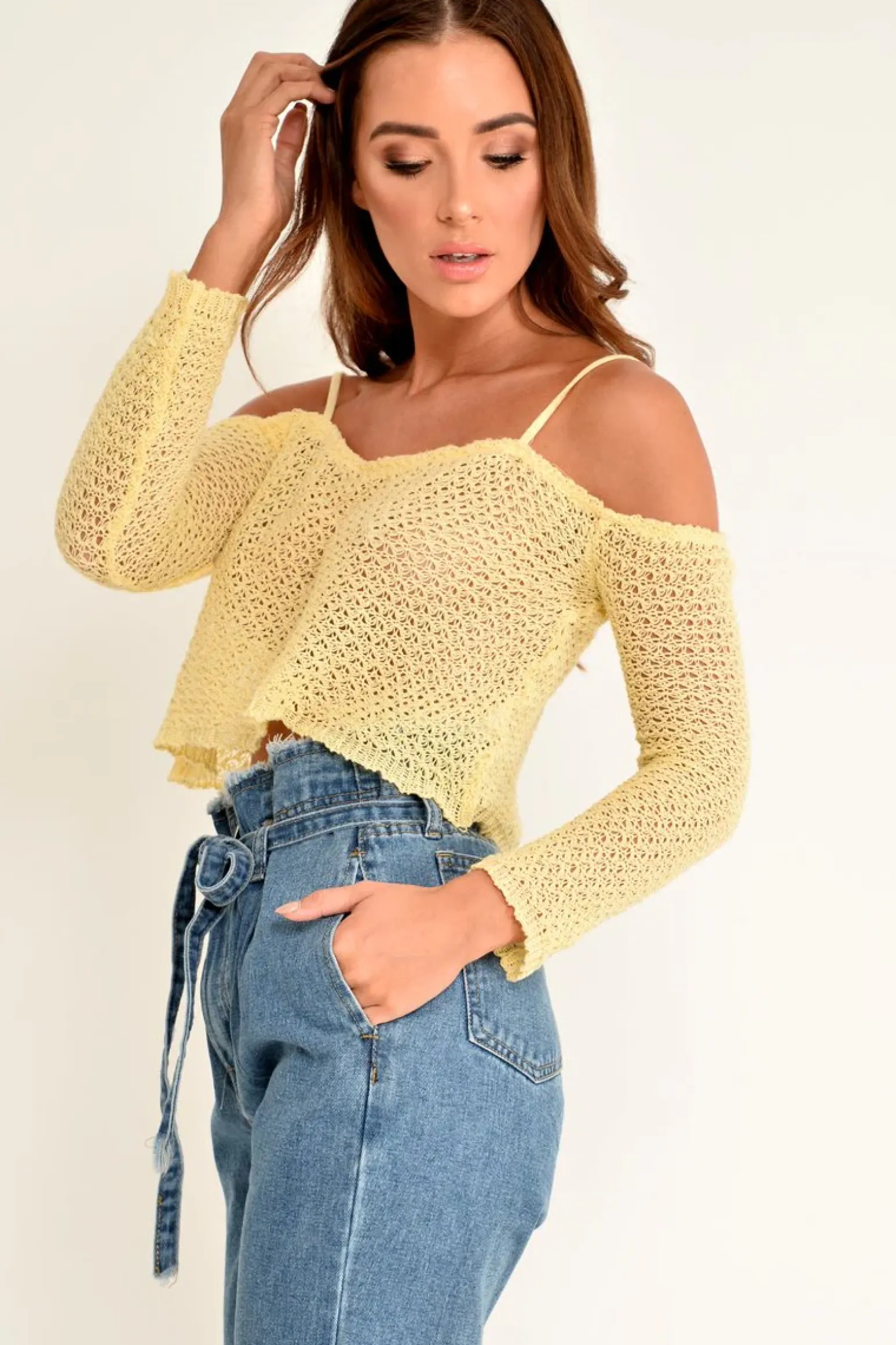 Rebellious Fashion Yellow Knitted Bardot Crop Top - Inari