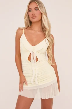 Rebellious Fashion Yellow Mesh Frill Hem Bodycon Mini Dress - Priscilla