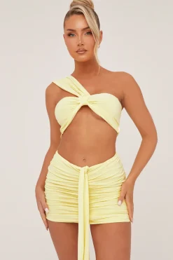 Rebellious Fashion Yellow One Shoulder Cropped Top & Ruched Mini skirt Co-ord Set - Dahlia