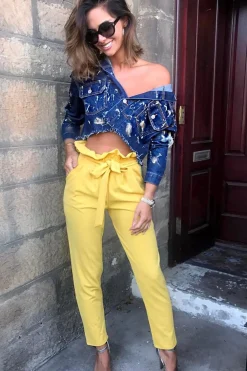 Rebellious Fashion Yellow Paper Bag Tie Waist Cigarette Trousers - Karmen