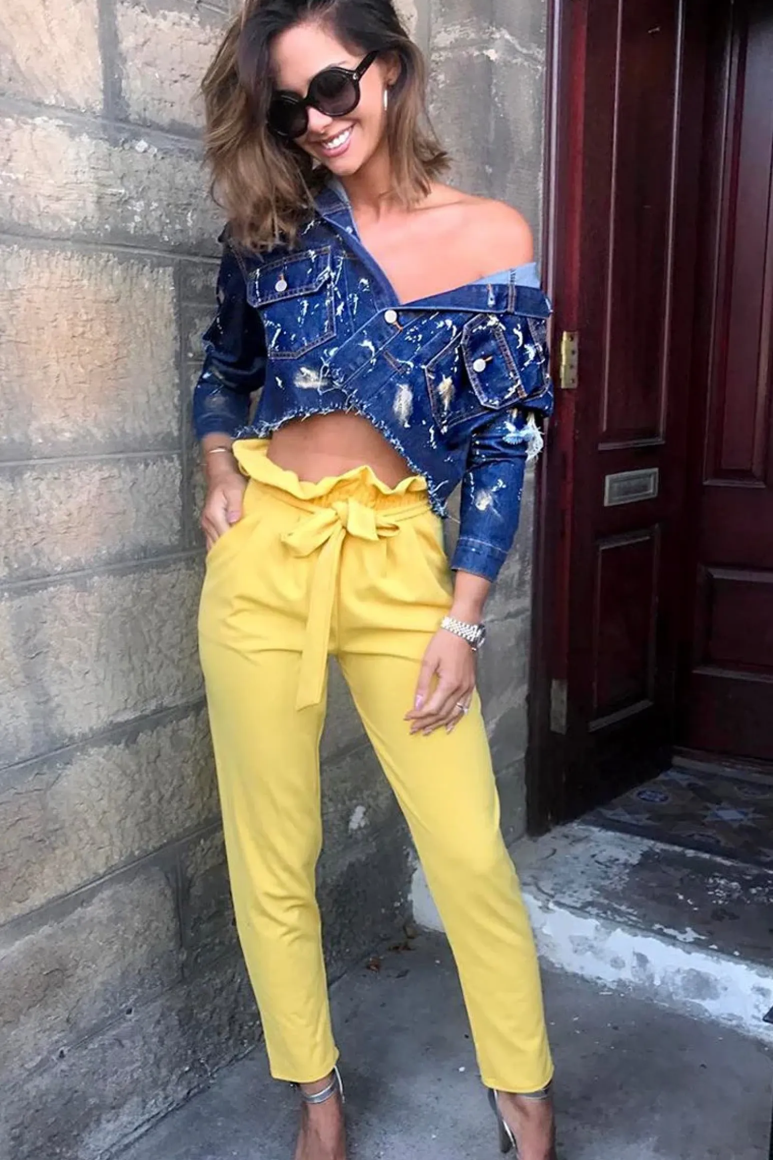 Rebellious Fashion Yellow Paper Bag Tie Waist Cigarette Trousers - Karmen