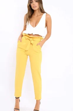 Rebellious Fashion Yellow Paper Bag Tie Waist Cigarette Trousers - Karmen