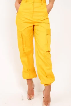 Rebellious Fashion Yellow Pocket High Waist Cargo Cuffed Trousers - Galya