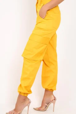 Rebellious Fashion Yellow Pocket High Waist Cargo Cuffed Trousers - Galya