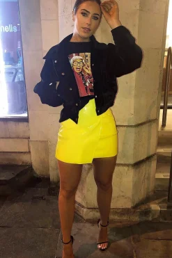 Rebellious Fashion Yellow PU Faux Croc Wrap Over Skirt - Enessa