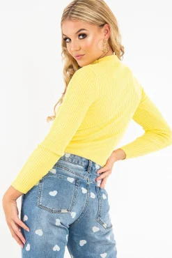 Rebellious Fashion Yellow Rib Knit Choker Cut Out Jumper - Jamisen