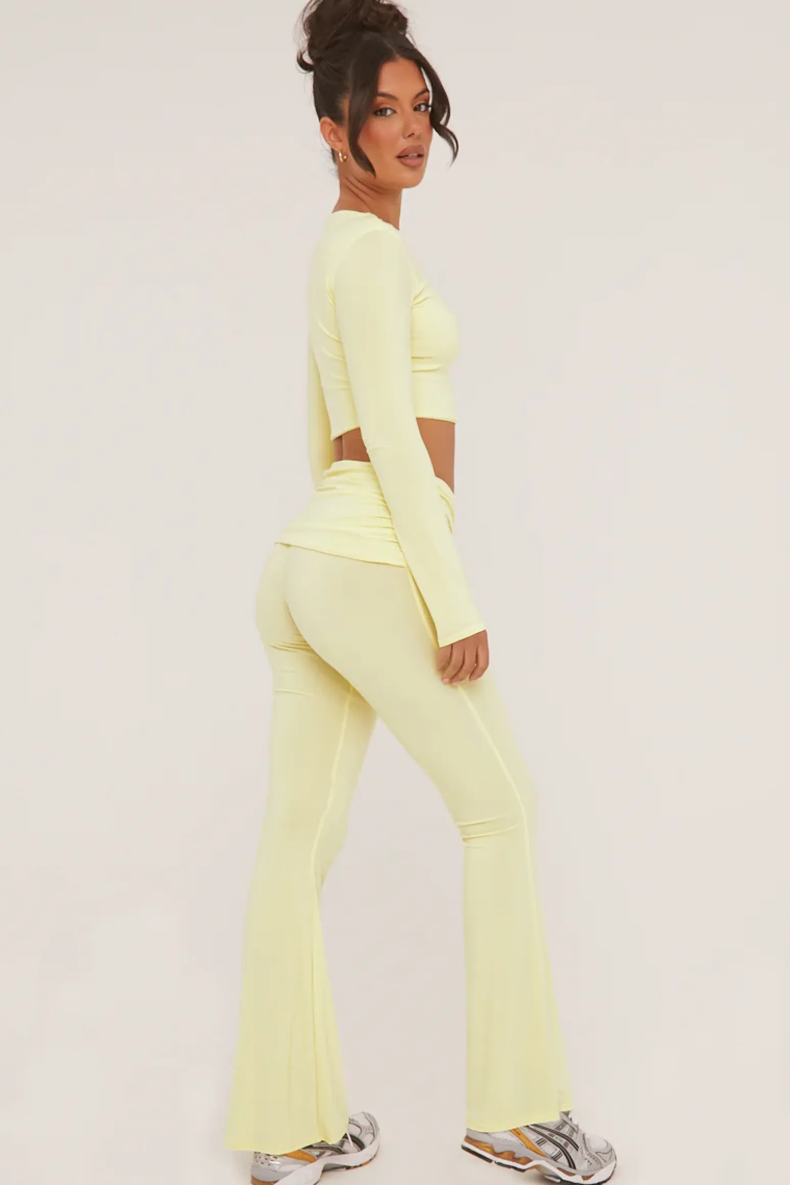 Rebellious Fashion Yellow Round Neck Cropped Top & Wide Leg Trousers Co-ord Set - Zoe