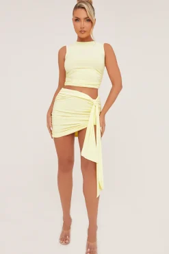 Rebellious Fashion Yellow Ruched Sleeveless Cropped Top & Mini Skirt Co-ord Set - Hallie