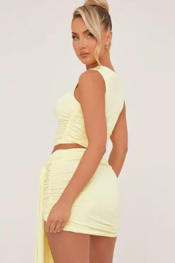 Rebellious Fashion Yellow Ruched Sleeveless Cropped Top & Mini Skirt Co-ord Set - Hallie