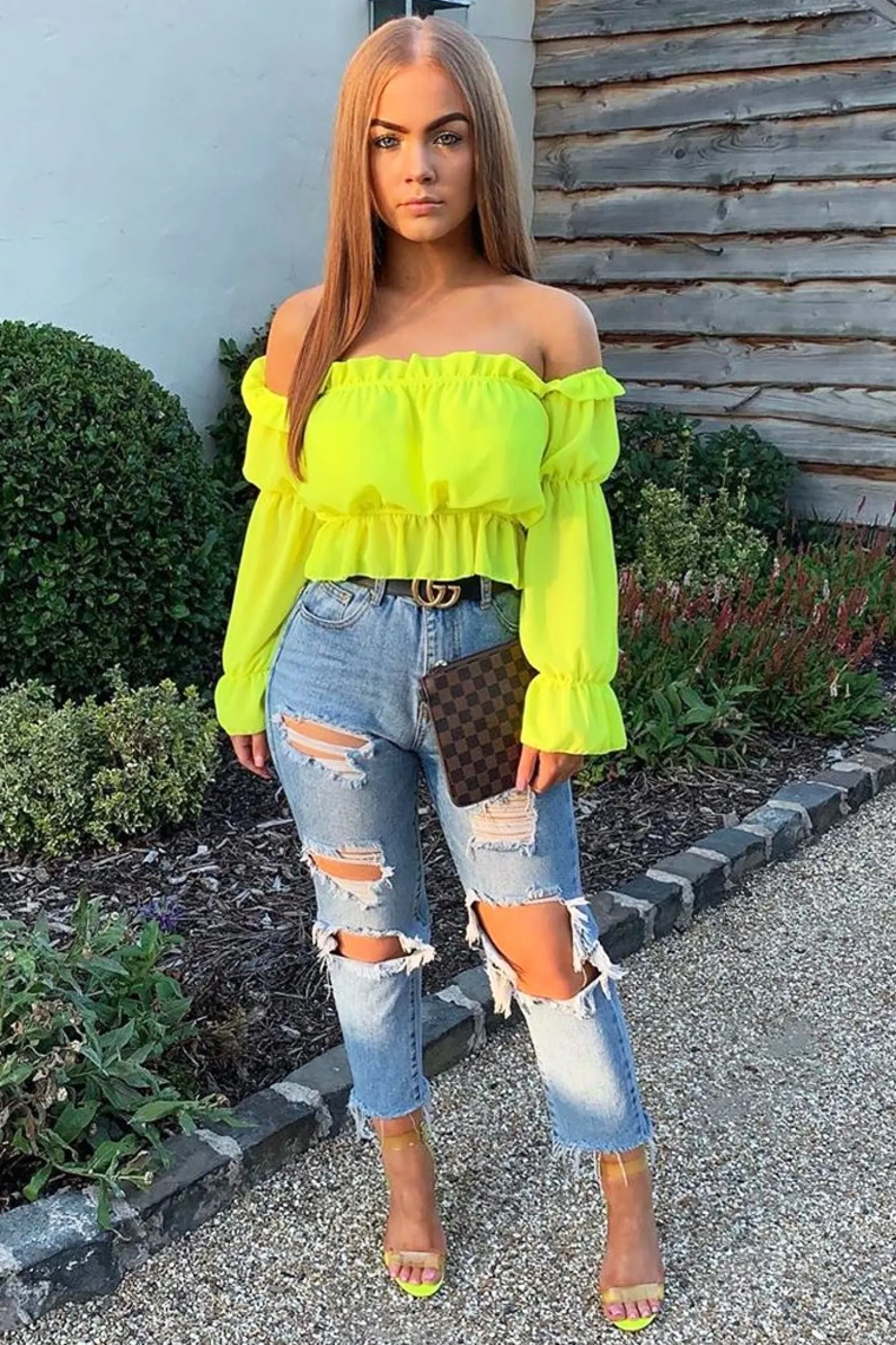 Rebellious Fashion Yellow Ruffle Bardot Crop Top - Aagna