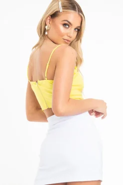 Rebellious Fashion Yellow Ruffle Button Front Cup Detail Crop Top - Veronica
