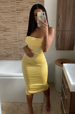 Rebellious Fashion Yellow Satin Cowl Neck Midi Bodycon Dress - Liliana