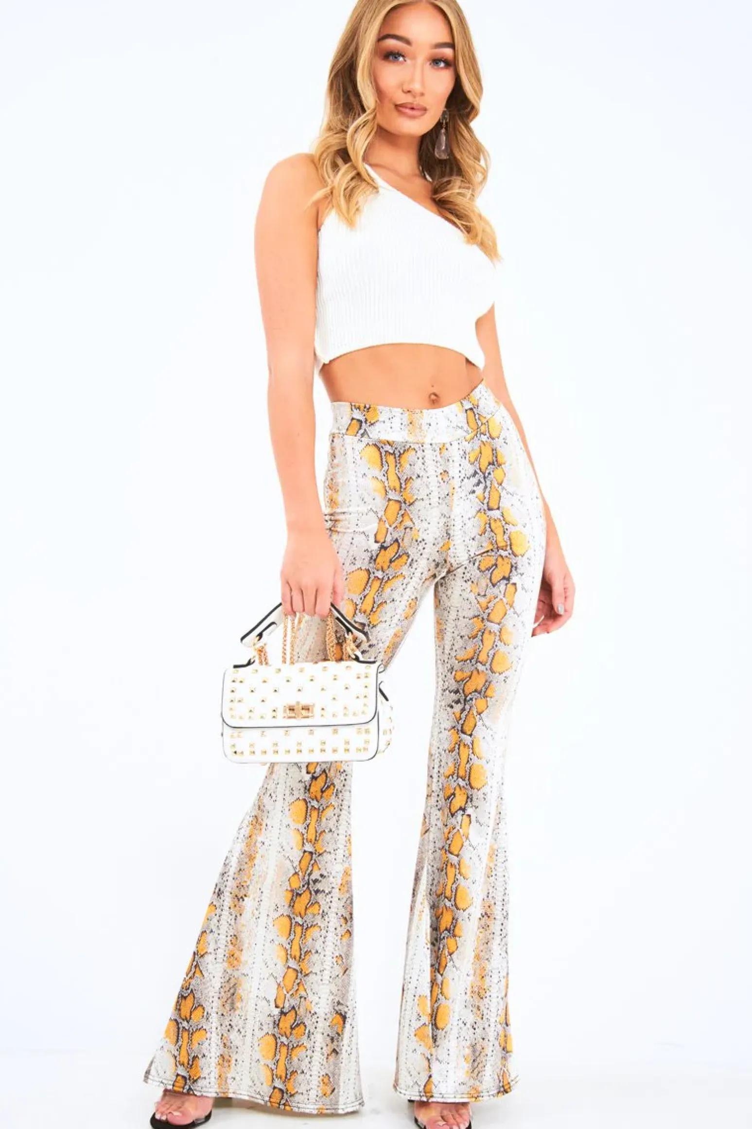 Rebellious Fashion Yellow Snake Print High Waisted Flared Trousers - Kamryn
