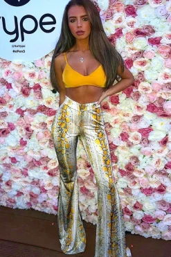 Rebellious Fashion Yellow Snake Print High Waisted Flared Trousers - Kamryn