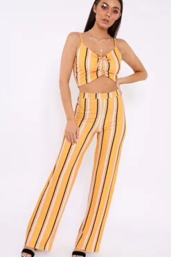 Rebellious Fashion Yellow Stripe Crop Top And Trousers Co-Ord - Annabella